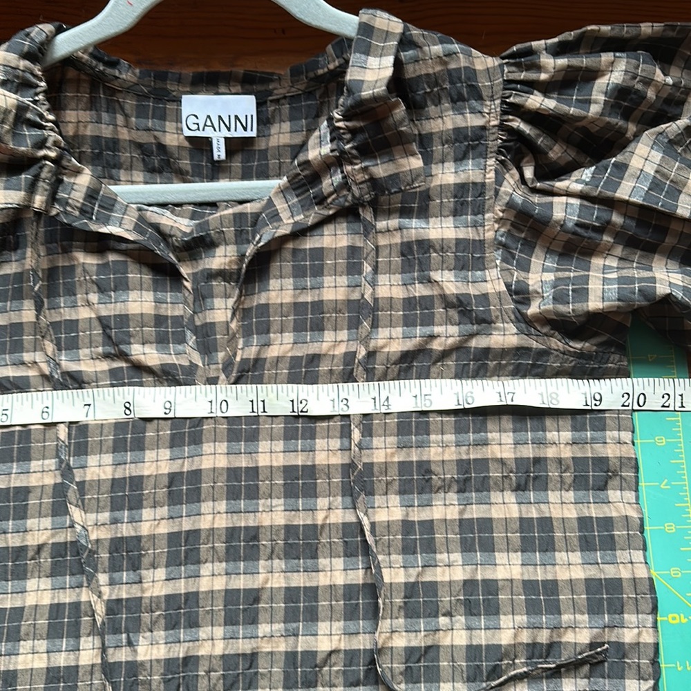 Black and Brown Gingham Plaid Ganni Puff Sleeve Blouse - Picture 5 of 5